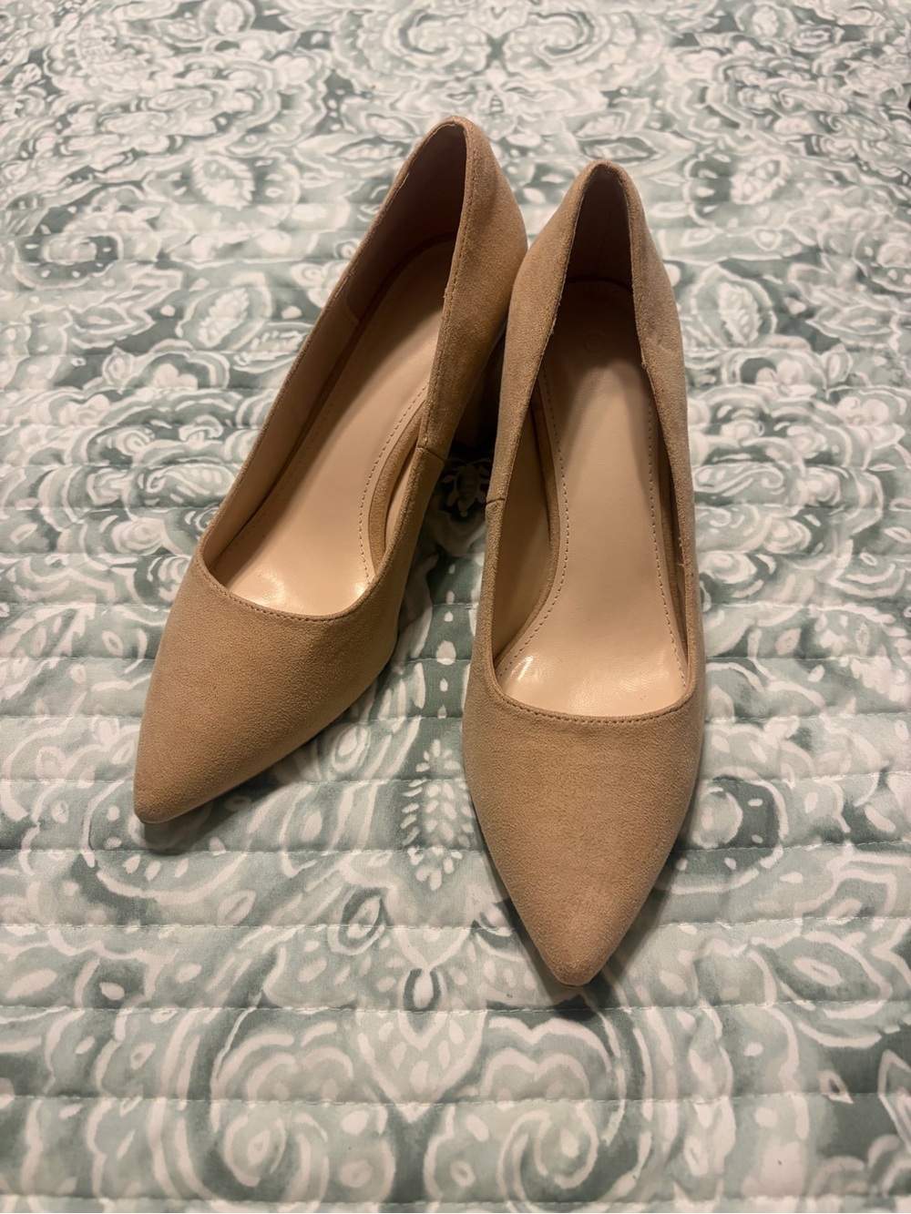 Pointed-Toe Faux Suede Pumps in Tan